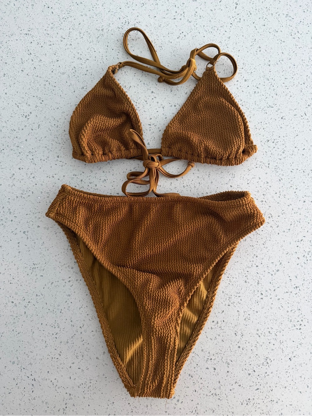Good American Textured Triangle Bikini in Rust